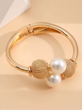 Anthropologie Gold Hinged Bangle with Pearl and Mesh Beads